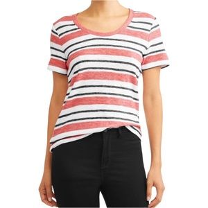 Time and Tru Short Sleeve Tee Coral White Navy Stripes Size Large